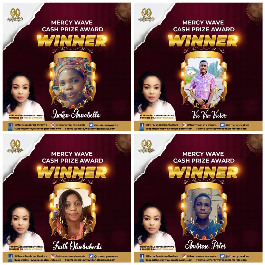 drmercyuwakwe's tweet photo. Congratulations to the winners of this month's Mercy Wave Cash Prize Award. Still don't know how to be a winner? Kindly send us a DM.

Congrats,
Mike https://t.co/1u1qA8hatJ