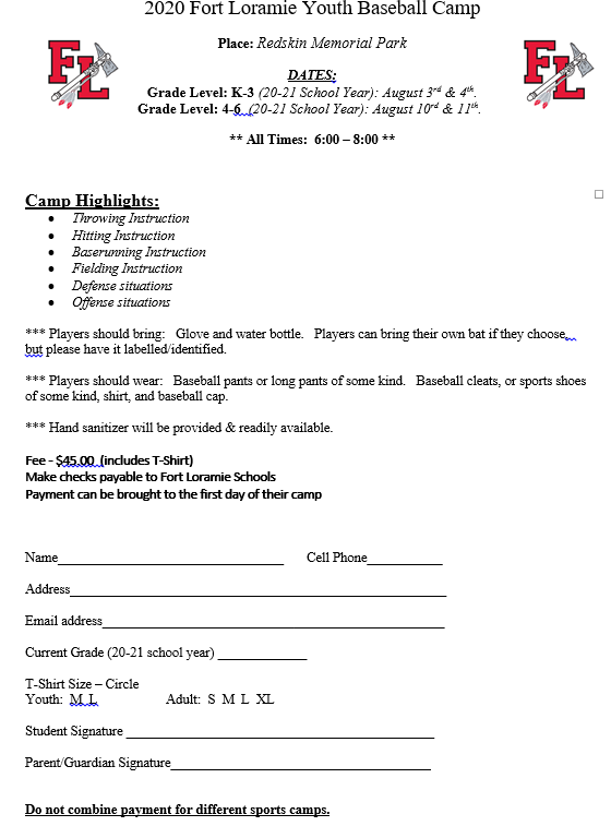LoramieRedskins's tweet photo. Baseball youth camp will take place at Redskin Memorial Park this year. 

- K-3 will be on 8/3 &amp; 8/4 from 6p-8p
- 4-6 will be on 8/10 &amp; 8/11 from 6p-8p

Payment and form should be turned in the 1st day of camp. Form is below as well as on the athletics website @BaseballLoramie https://t.co/Wpj2IHtON1