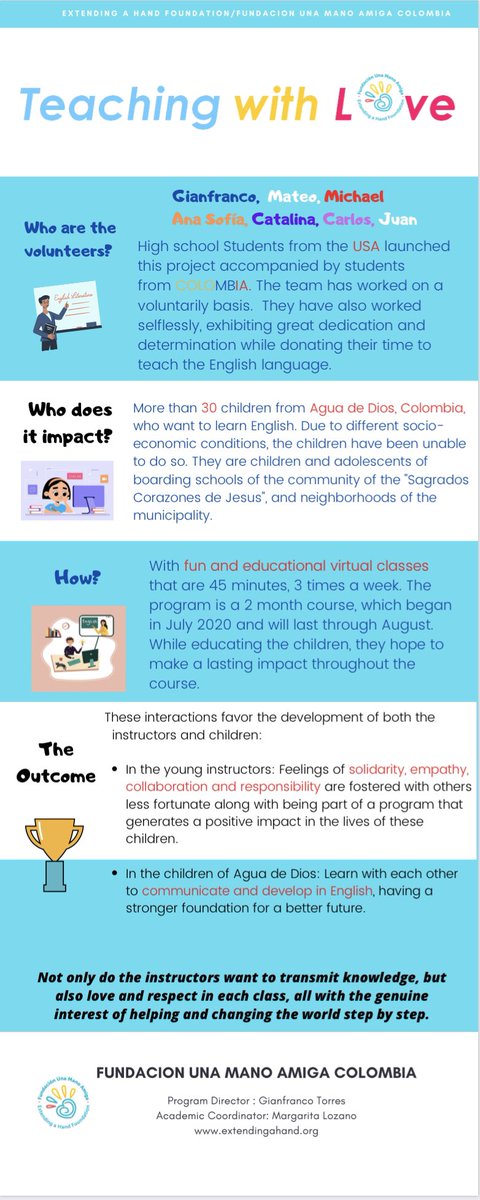 Here are infographics if you wish to inquire about my program. I created an English version as well. Also proud to be named as an official program as a part of the “Una Mano Amiga/Extending a Hand Foundation“.  extendingahand.org