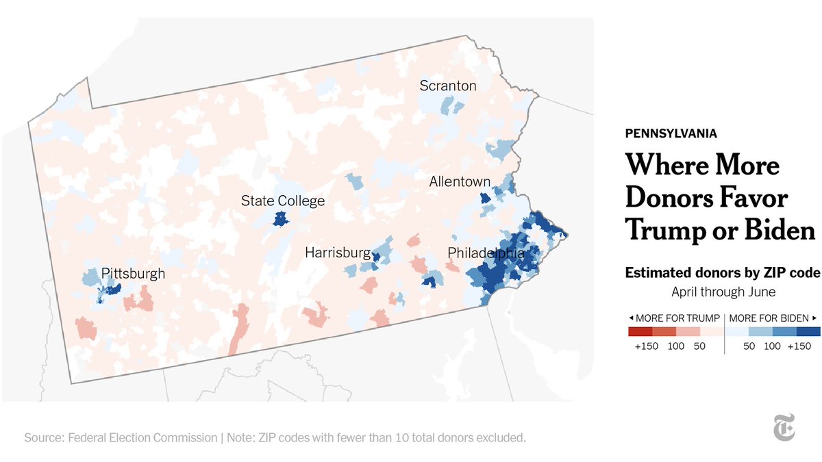In Pennsylvania, Joe Biden was dominant in attracting donors not just in deep-blue Philadelphia, but also in suburbs. Another strong area was a college town: The dot in the middle is State College, home to Penn State.President Trump, meanwhile, led in many less populous areas.