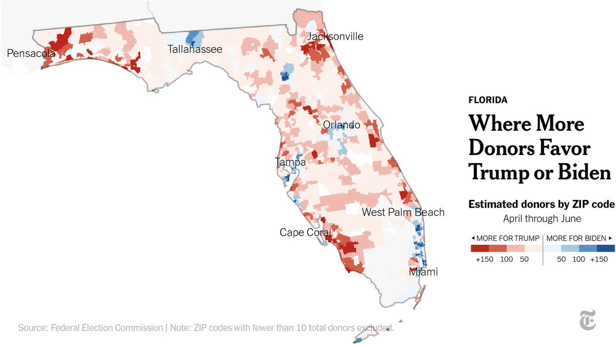 In Florida, President Trump's wide donor base is evident. He drew many donors in the Panhandle, where he won by large margins in 2016.Joe Biden was stronger in the southeast, though not in one notable area: the ZIP code that contains Mar-a-Lago.