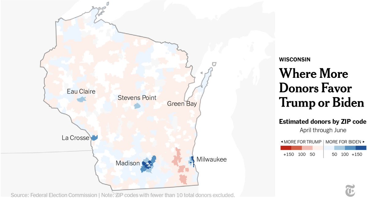 Wisconsin shows a similar pattern to other Rust Belt states: strength for Joe Biden in cities like Madison and Milwaukee, but more donors for President Trump in other areas. Biden also attracted donors in college towns like Eau Claire, La Crosse and Stevens Point.