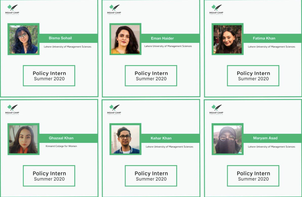 InsaafCamp's tweet photo. During the past month, many brilliant #law students from #Pakistan interned with us as part of the first batch of our summer #internship program. They worked together in different teams on policy projects and also supported our #legal #awareness efforts. (1/2) https://t.co/H7pTqsdSQI