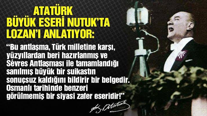 Al bayrağı üstümüze serip bizlere tertemiz bir vatan emanet eden Ulu Önder Mustafa Kemal Atatürk ve Millî Mücadele kahramanlarımızdan Allah razı olsun, mekanları cennet olsun.
#Lozan97Yaşında