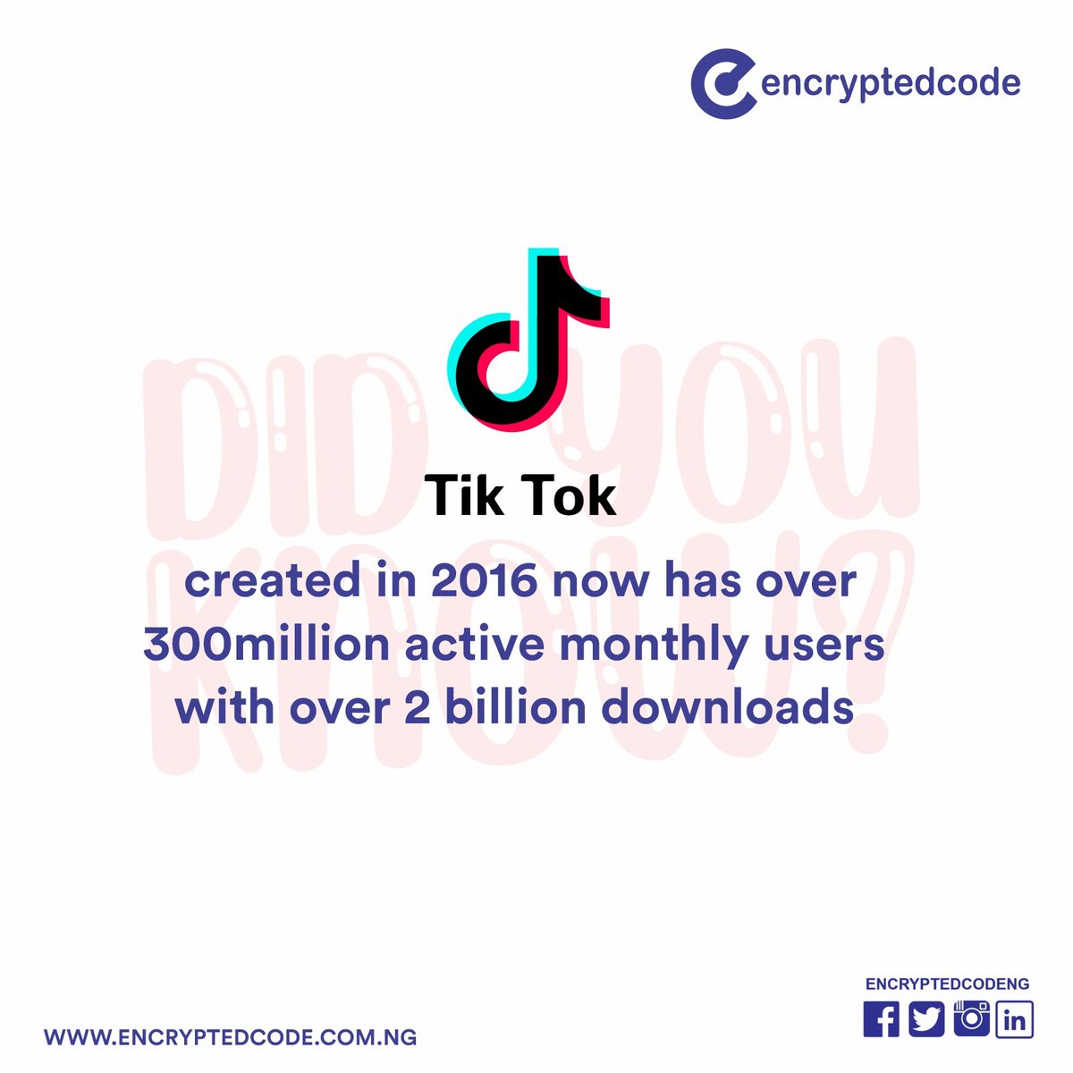 encryptedcodeng's tweet photo. Let's take some time to admire the meteoric rise of Tiktok.
It has been arguably the fastest growing social media among others.
Tiktok is popular for its funny 15 or 60 seconds long lip-sync videos.
Are you on Tiktok?
#FunFactFriday #Encryptedcodeng https://t.co/d3pa66bv4u