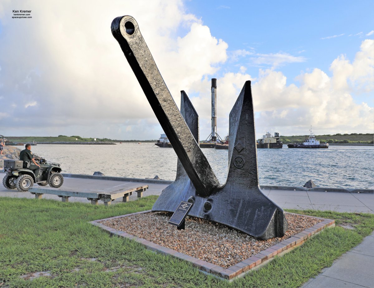 ken_kremer's tweet photo. The Falcon & the Anchor & 4 landing legs!! Twice launched/upright landed #Falcon9 1st stage B1058.2 just arrived atop #JRTI droneship 7 am this morning - pictured with 4 landing legs dead center between anchor legs @PortCanaveral. From #AnasisII & historic #NASA #Demo2 launches https://t.co/bfwrzUwH1p