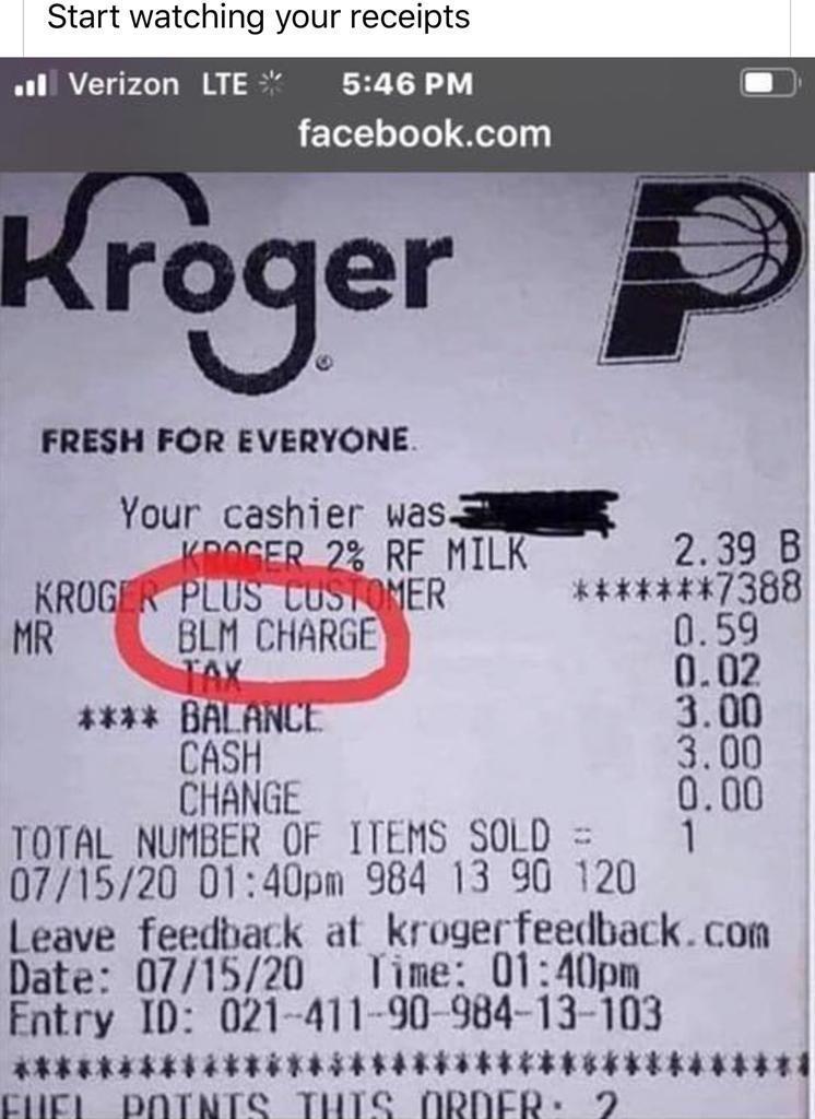 Jack71253029's tweet photo. Seriously? People
Start reviewing your receipts especially from these large companies.
And yell in the store we do not support terrorists and terrorist organizations.
@RealJamesWoods 
@benshapiro 
@kroger https://t.co/Zy0kO93Zam