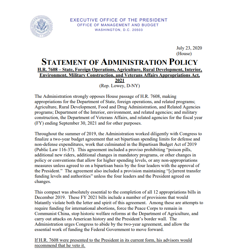 OMB Statement of Administration Policy *Update*: H.R. 7608 – State, Foreign Operations, Agriculture, Rural Development, Interior, Environment, Military Construction, and Veterans Affairs Appropriations Act, 2021 → whitehouse.gov/wp-content/upl…