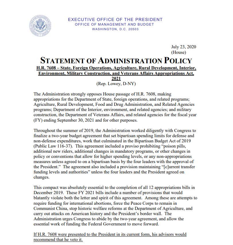 OMBPress45's tweet photo. OMB Statement of Administration Policy *Update*: 

H.R. 7608 – State, Foreign Operations, Agriculture, Rural Development, Interior, Environment, Military Construction, and Veterans Affairs Appropriations Act, 2021

→ https://t.co/FYnEtpt1Si https://t.co/6CvjFwRww2