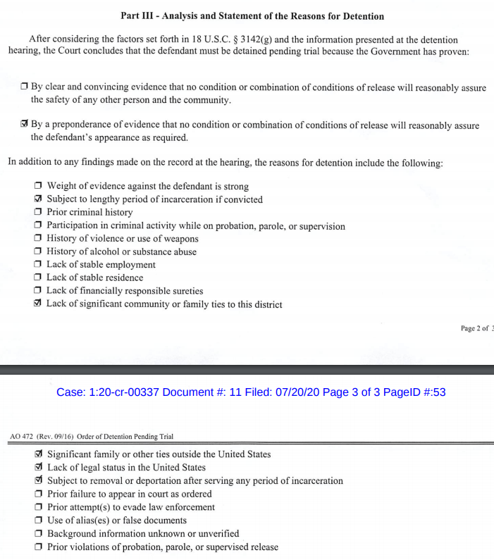 The order of detention has three parts. The relevant part here is "Part III - Analysis and Statement of the Reasons for Detention". The "Checkboxes" give the general reasons that it would be wrong to let him be released.