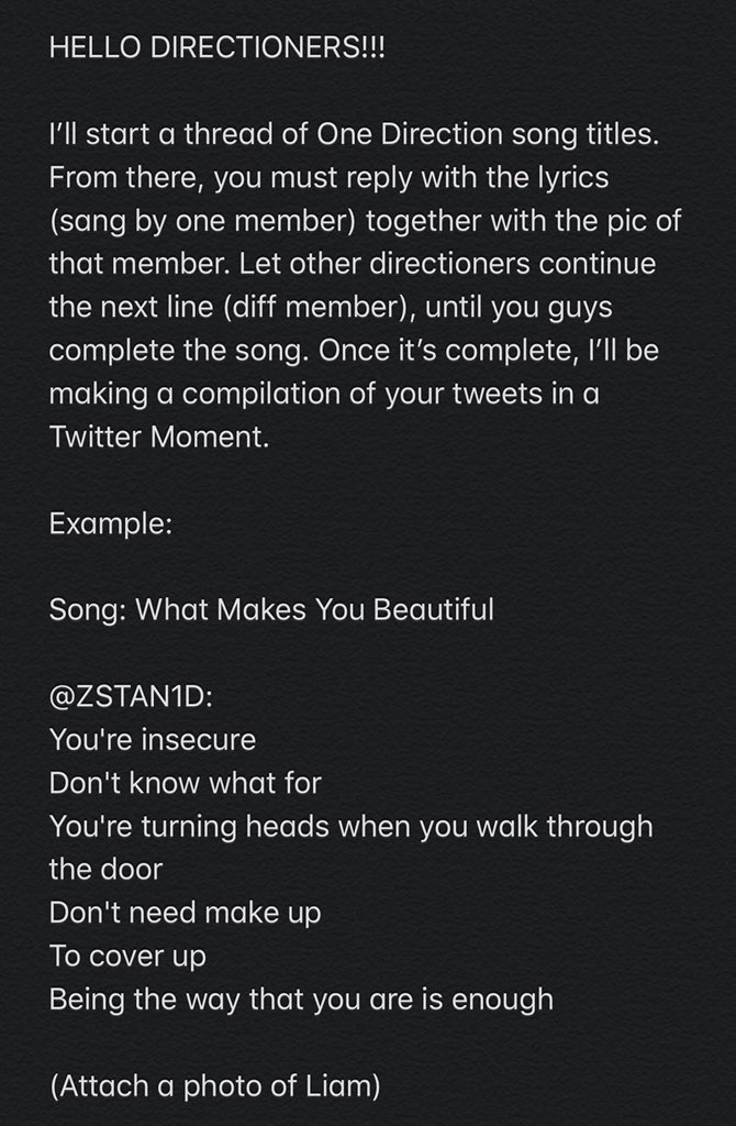 Z1DSTAN's tweet photo. SPARE ME A MINUTE AND JOIN THIS THREAD!!!

I hope this game would help you gain/find new mutuals. Keep this going to keep #10YearsOfOneDirection trending. https://t.co/Ov4Jz6D5VW