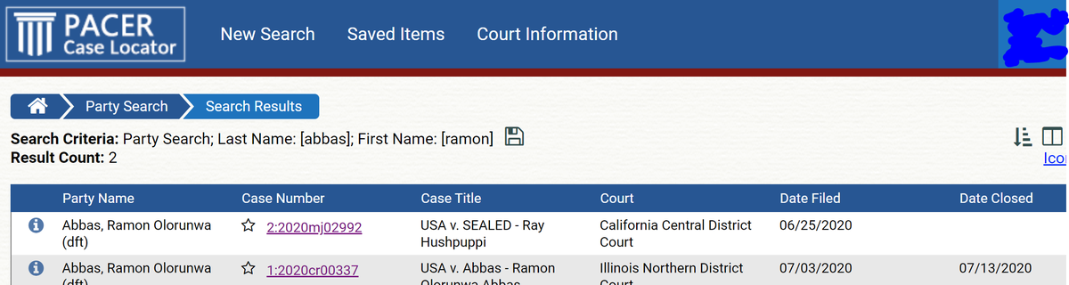 While his first hearing was in Chicago, in the "Illinois Northern District Court", the stronger case against him is in the "California Central District Court" (Los Angeles). So the Chicago case is CLOSED, but the LA case is still open.