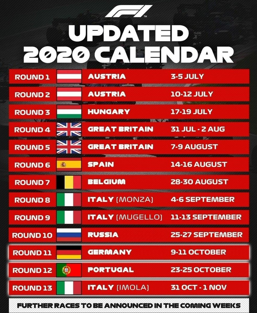 OpenWheelPod's tweet photo. This is turning out to be an awesome 2020 calendar. Three more races added🙌

📷: @F1 https://t.co/NGzAAim6Aa