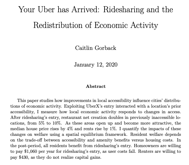 Looking forward to my first @nberpubs Summer Institute presentation today at 1pm EST! 

Remember when we used to Uber to restaurants? I show that ridesharing *drives* amenity and real estate growth in transit-inaccessible neighborhoods across a suite of U.S. cities. 

#NBERSI