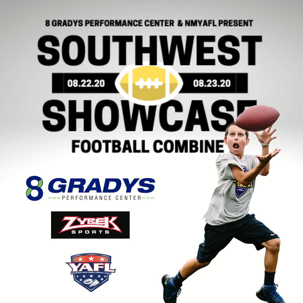 8Gradys's tweet photo. Open to all YAFL players ages 8-14. Laser timed 5-10-5, 40 Yard Dash, Force Plate Measurement, Broad &amp; Vertical Jump, Height, Weight. Each athlete will receive an RFID bracelet and expansive nationally recognized combine test results. 
#YAFL
@NMYAFL1 

https://t.co/RCIMmJfkdw https://t.co/iJKlZx5SRt