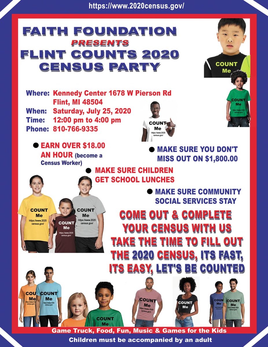giveflint's tweet photo. Join Faith Foundation Resource’s for the “Flint Counts 2020 Census Party” taking place tomorrow Saturday, July 25 from 12–4pm! #becounted2020 https://t.co/z8oKGPYZrR