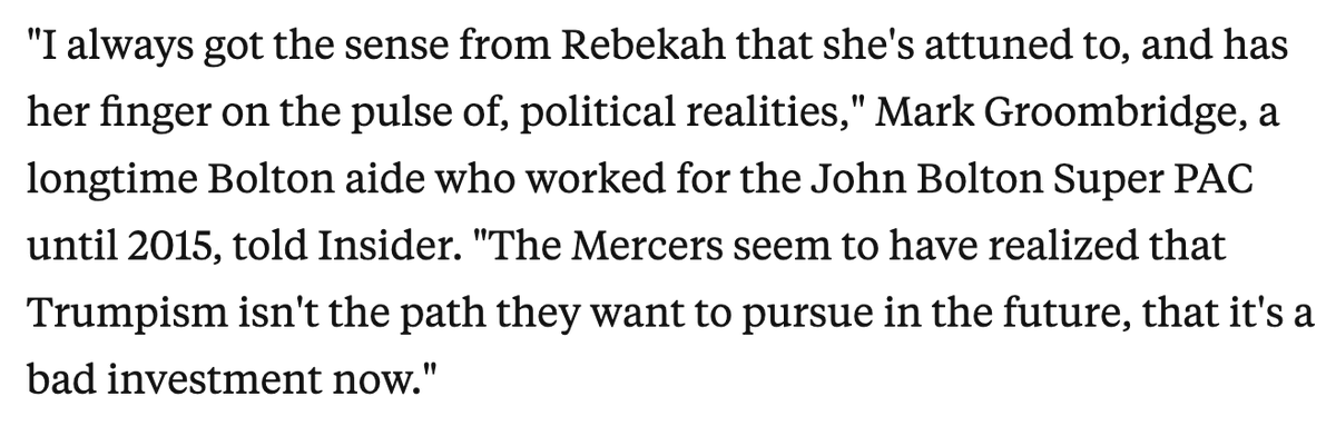 6/ Mark Groombridge, a former aide to  @AmbJohnBolton who used to work for the John Bolton Super PAC, put the Mercers ghosting on Trump this way: