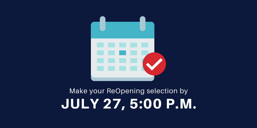 Don't forget - the deadline to select your ReOpening learning option at reservation.pcsb.org is this Mon., July 27. For help resetting or obtaining an SRS login, please call 727-588-6210, or email a copy of your driver’s license to studentassignment@pcsb.org.