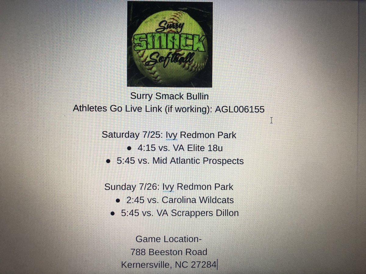 maciclark7's tweet photo. I am guest playing this weekend with Surry Smack Bullin 18u!! Below is the schedule!! @CoachKamaUNCW @coach_ruechel @CoachNORTUNCW @drdotusa1 @UNCCoachPapa @ElliottSaysWhat @HollarShena @GWUSoftball @Coach_Jo4444 https://t.co/3nMkQKdj6P