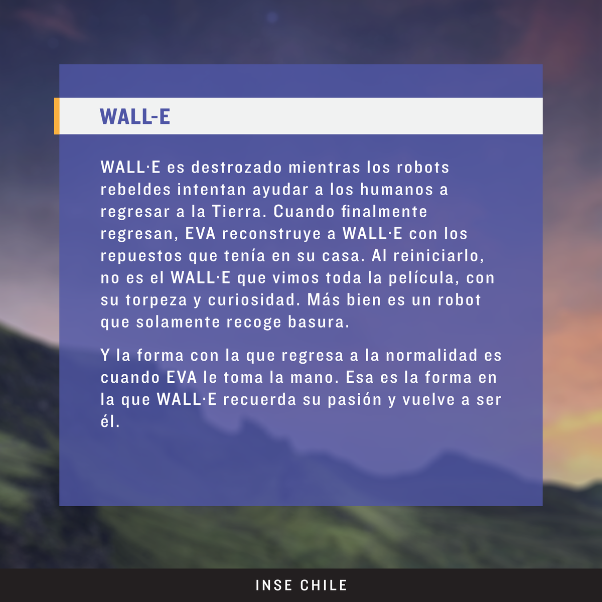 INSE_CHILE's tweet photo. 📽️ Intensamente
📽️ Wall-e 

#peliculas #cine #familia #quedateencasa #cuarentena #findesemana #viernes #intensamente #walle #niñez #amistad #empatia #amor #sentimientos #conciencia #chile #elpuebloayudaalpueblo #sename #nomassename #infancia #recomendaciones https://t.co/wSfYwI5Yqk