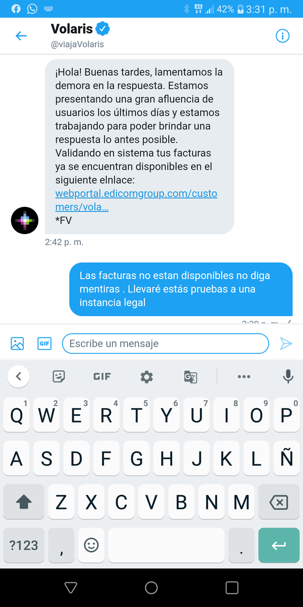 Mentira 
<a href="/viajaVolaris/">Volaris</a> no ha facturado en su portal y dice que ya emitieron las facturas 
A dónde se puede acudir para denunciar la falta .
<a href="/Profeco/">Profeco</a> <a href="/locatel_mx/">@locatel_mx</a> <a href="/flyvolaris/">Volaris</a> 
#volaris