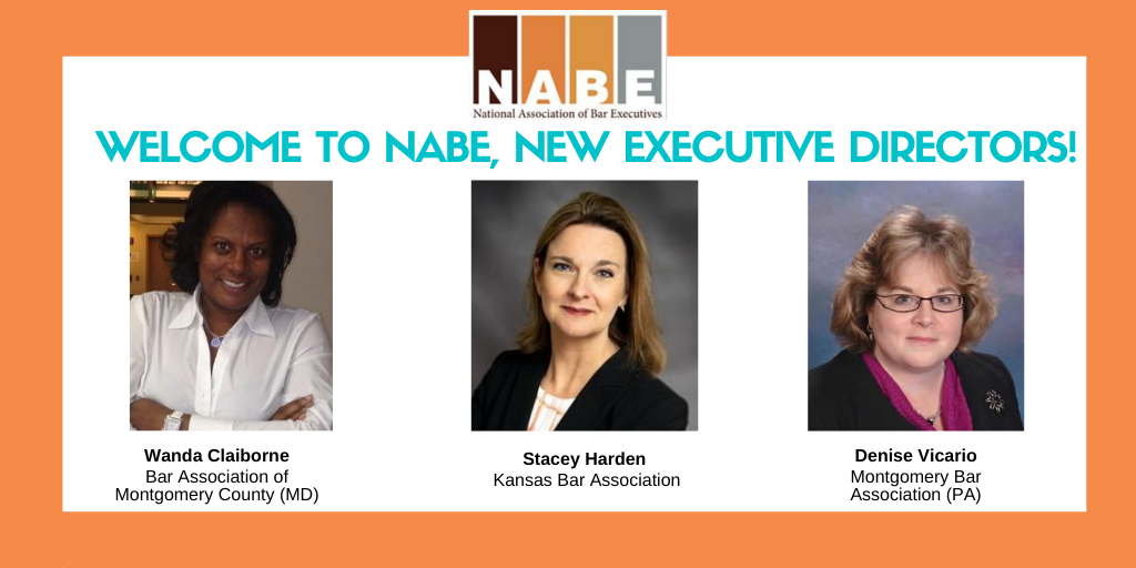 NABE_News's tweet photo. Please join us in welcoming 3 new Executive Directors to NABE: Wanda Claiborne, Executive Director of @BAMC_Law; Stacey Harden, Executive Director of @KansasBar; Denise Vicario, Executive Director of @Montgomery_Bar 
#barexecs #noplacelikeNABE #NABEfamily #naBEconnected #naBEmore https://t.co/s7z5VWhSh0