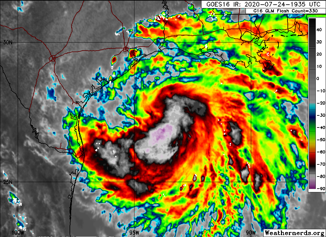 BhatiaKieran's tweet photo. 18Z update for #Hanna, intensity close to 45-50 kts according to Dvorak. Forecast for #TropicalStormHanna shows potential for more intensification before landfall just south of #CorpusChristi. #HWRF and #LGEM (best performing intensity models) indicate it could become a hurricane https://t.co/ldlftRlk76