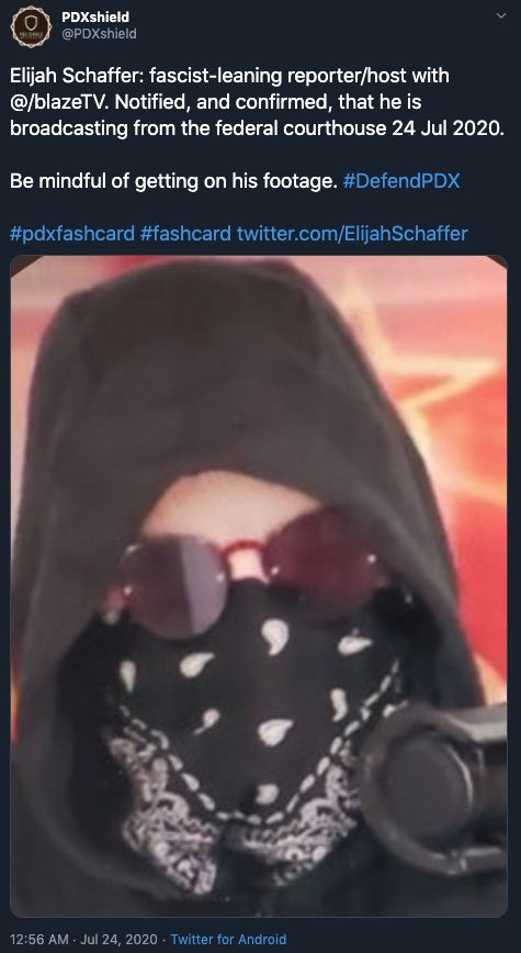 SlightlyOffens's tweet photo. #Antifa is using #Twitter to target @ElijahSchaffer. We wonโt stop from doing our job to REPORT the truth behind #PortlandProtest. Make sure to follow all of our accounts. #DefendPDX #pdxfashcard #fashcard https://t.co/SoXL18n9eo