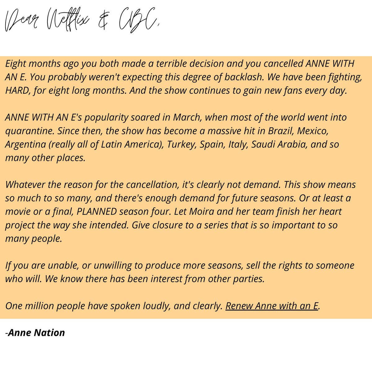 anneonemillion's tweet photo. dear @netflix @reedhastings and @cbc @presidentcbcrc,

we just reached 1 MILLION signatures to renew anne with an e. please, read our message to you. 

—anne nation https://t.co/oTSP7HNX6u