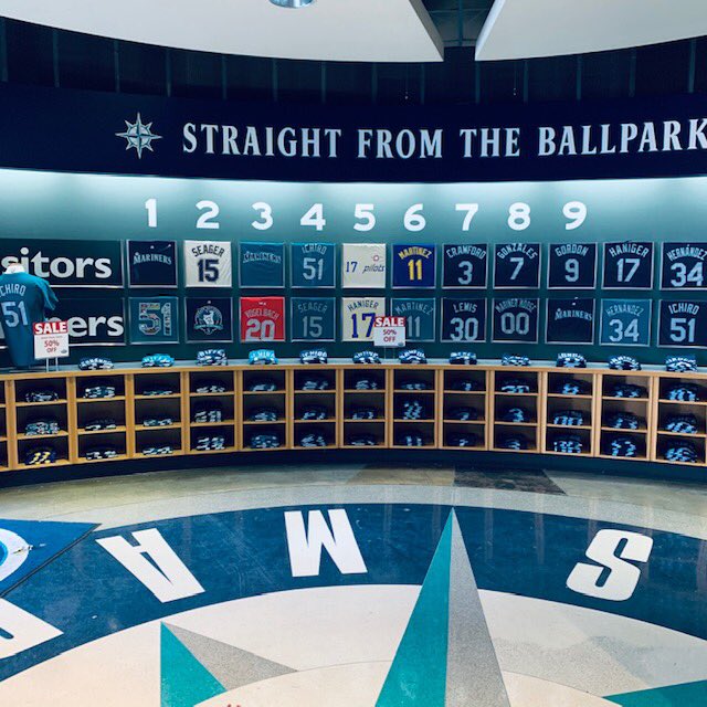 MarinersStore's tweet photo. Just a reminder that our 50% off Majestic player tee and jersey sale is still going on through July!  Did you know that our player tees and replica jerseys come with an exclusive sleeve patch?  Check out our 50% Instagram story highlight for the latest availability. https://t.co/axaBeNNnjs