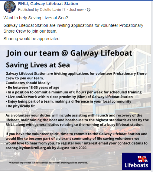 Want to help Saving Lives at Sea?

Galway Lifeboat Station are inviting applications for volunteer Probationary Shore Crew to join our team.

RT's would be appreciated.