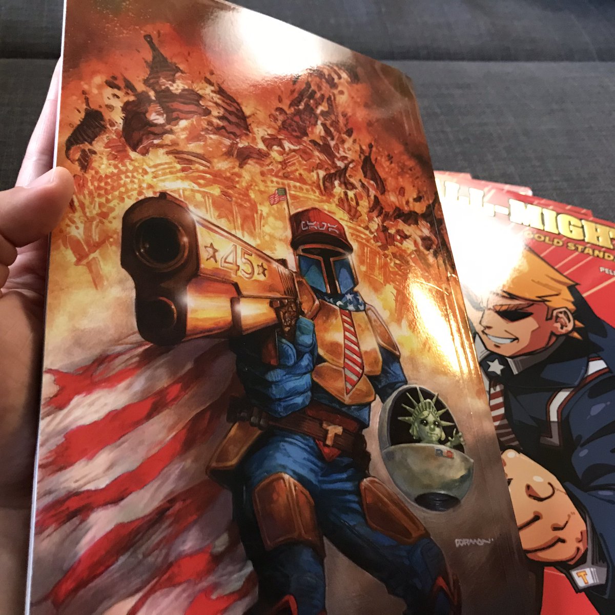 SumpKun's tweet photo. ALL copies of WALL-MIGHT have arrived at our fulfillment: @WeldonArt and I will be having a little signing party later tonight for this and PUNCHLINE! Check out that special gold foil embossing that @APIPrintPro threw in to punch things up!๐บ๐ธ๐ช๐ป https://t.co/EfC1XxJdgJ