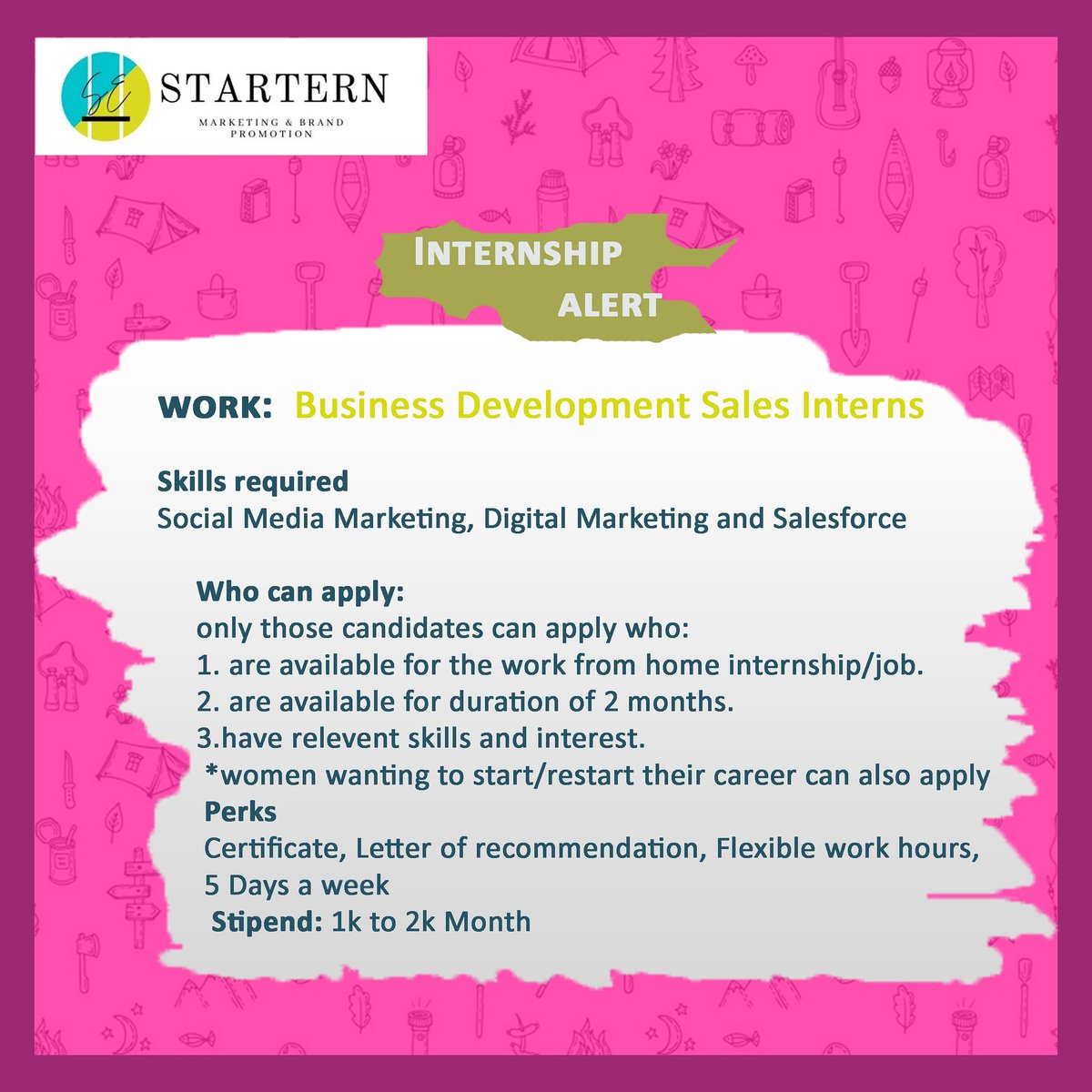 Infostartern1's tweet photo. 𝗔𝗕𝗢𝗨𝗧 𝗧𝗛𝗘 𝗜𝗡𝗧𝗘𝗥𝗡𝗦𝗛𝗜𝗣 :
1.Generating leads.
2.Working on promotional activities for our partner companies.
3.Performing various marketing related tasks according to your KRA Sheet.

Link : https://t.co/K2AvT4Il3V 👩‍💻

#Startern #WorkFromHome https://t.co/NeW6JNc0bc