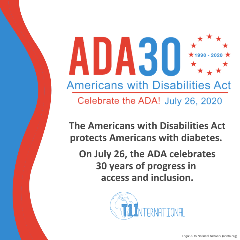 t1international's tweet photo. The Americans with Disabilities Act protects many people, including those with diabetes. On July 26, the ADA will celebrate its 30th anniversary - 30 years of progression, inclusion and protection from discrimination. #ADA30 #ADAanniversary #ThanksToTheADA https://t.co/ExKbHzMHMJ