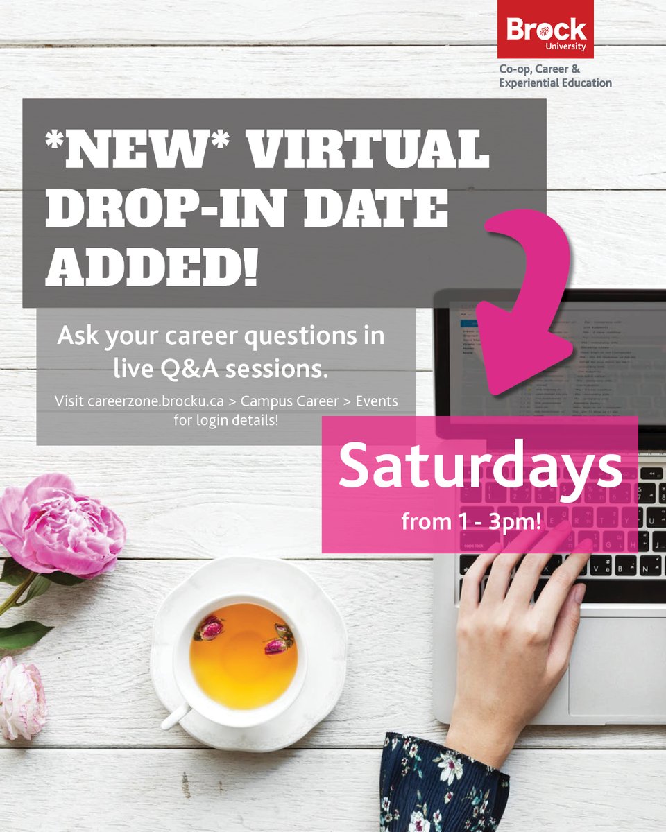 Can't join our weekly Drop-In time slots? No problem, we're now available on weekends too! Until August 22, you can join your Career Assistant Samara on Saturdays to ask your career related questions anytime between 1 and 3 pm. @BrockSLCE <a href="/BrockUniversity/">Brock University</a>
