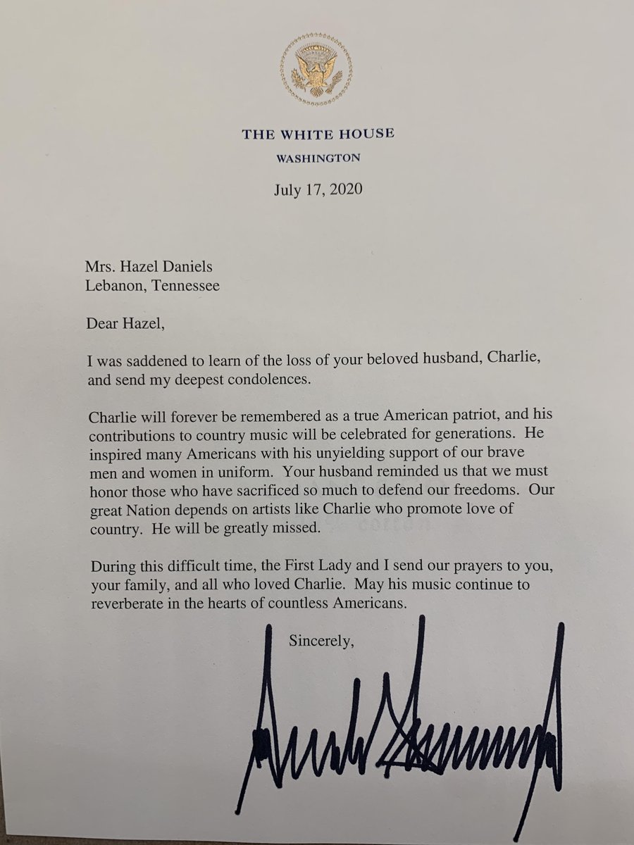 AddCaster's tweet image. A letter from POTUS to Mrs. Hazel Daniels in honor of her husband Charlie Daniels. Such a sweet note to such a sweet friend. We love you Mrs. Hazel!