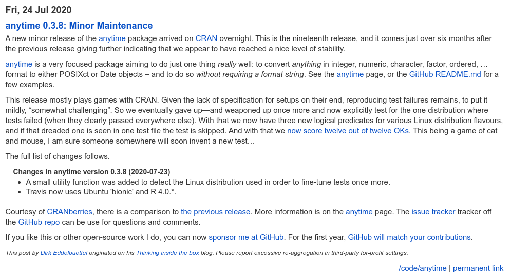 eddelbuettel's tweet photo. anytime 0.3.8 on CRAN: Maintenance
https://t.co/dRTgmO0740
Automagic date / time conversion for any input
#rstats #rcpp #tinytest https://t.co/IpUtE3wdkg