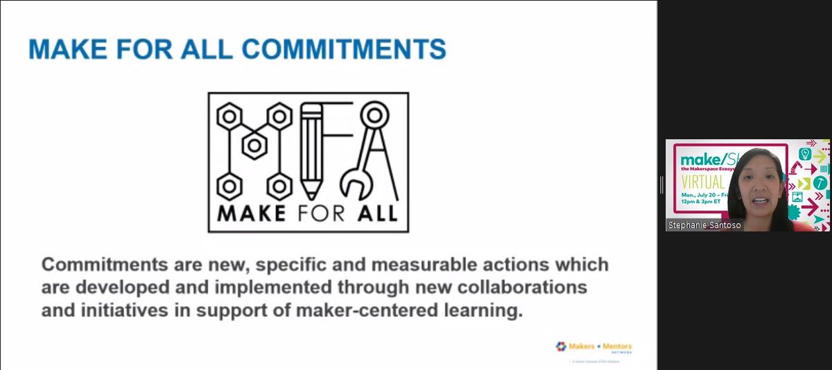 marketgal's tweet photo. Make for All + maker fellows - build capacity #maker-centered learning says Advisor to @cccmaker, Stephanie Santoso, Director of #Maker Initiatives for Makers + Mentors Network, @citizenschools @NACCE #makeSHIFTVirtual https://t.co/Q7WRY86CeL