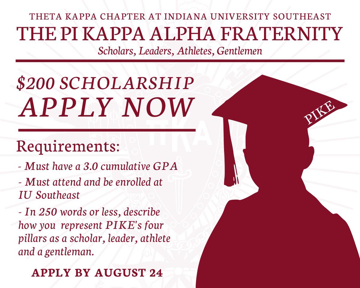 The application is now open for PIKE’s Fall 2020 scholarship! 

Tell us how YOU represent PIKE’s four pillars and one applicant will be awarded a $200 scholarship for this fall. 

Submit your application today by using the link in our bio!