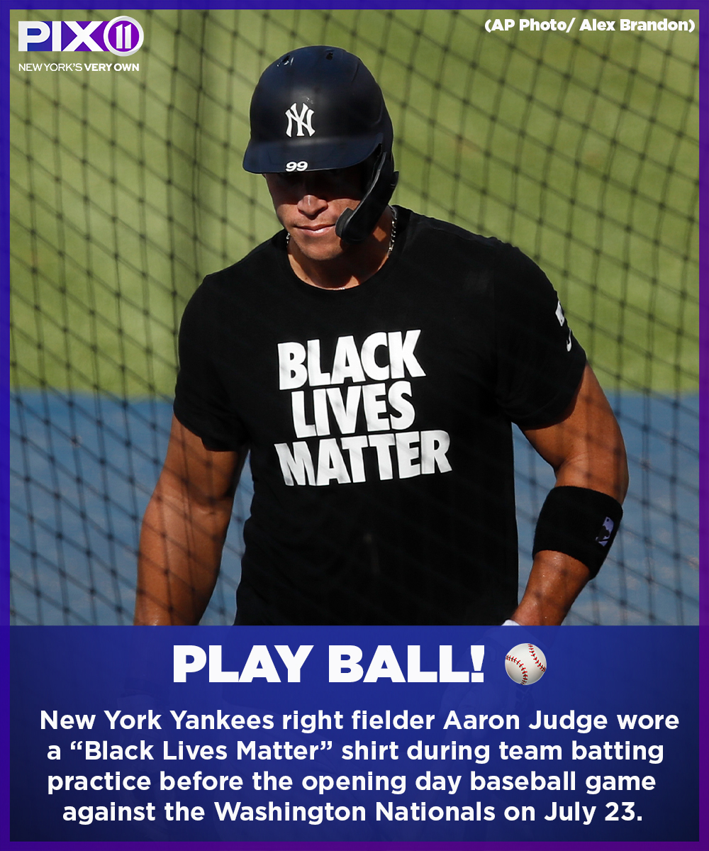PIX11 News on X: BASEBALL RETURNS! ⚾️ New York Yankees star Aaron Judge  and New York Mets outfielder Yoenis Cespedes both practiced swings in  Black Lives Matter t-shirts before their team's opening
