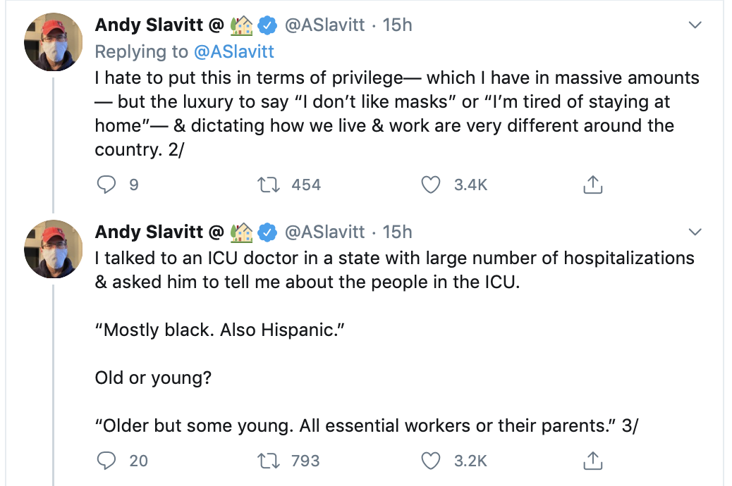 1/ From  @aslavitt’s thread yesterday: the people dying from Covid are largely “essential workers” and those without the privilege of staying home https://twitter.com/ASlavitt/status/1286470764208758784In other words, Trump plays golf, while insisting that others go to work and expose themselves to COVID.