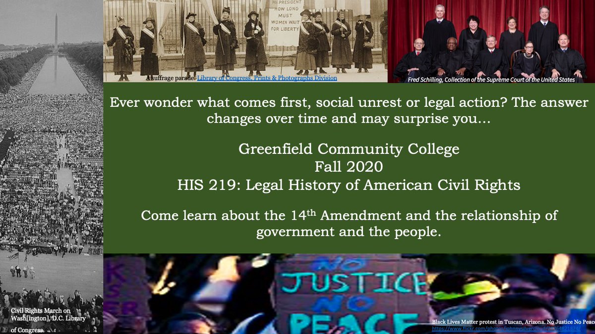 gcchumanities's tweet photo. Ever wonder what comes first, social unrest or legal action? The answer changes over time and may surprise you…

GCC
Fall 2020 
HIS 219: Legal History of American Civil Rights

Come learn about the 14th Amendment and the relationship of government and the people. https://t.co/pE5SwHurxA