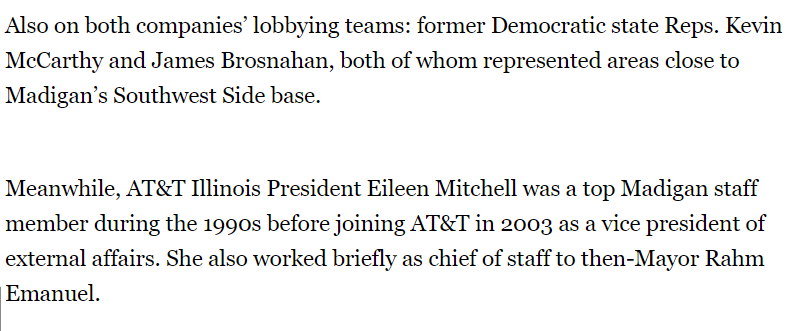 Eileen Mitchell, the President of AT&T Illinois is a former Madigan staffer & was Chief of Staff for former Chicago Mayor Rahm Emanuel as famous Clintonite who surprisingly chose to not run for reelection last year during these investigations!