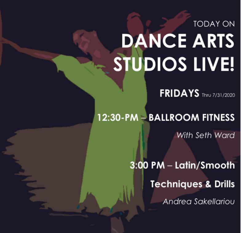 Dance_Arts's tweet photo. Friday, July 24, 2020 
Today on Dance Arts Studios LIVE!
 
12:30 - BALLROOM FITNESS - All levels 

3:00 - LATIN/SMOOTH - TECHNIQUES AND DRILLS - Intermediate https://t.co/WYl4rAtJ6l
