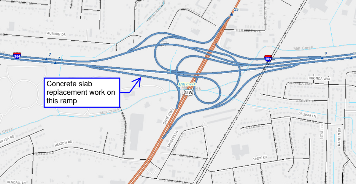 KYTCDistrict5's tweet photo. TRAFFIC ADVISORY: The off-ramp from I-264 (Watterson Expressway) East to southbound U.S. 31 W (Exit 8A) in Jefferson County will be closed beginning at 7 p.m. tonight for concrete slab replacement. The ramp will re-open by 6 a.m. on Monday, July 27. https://t.co/lVoR14iaoQ