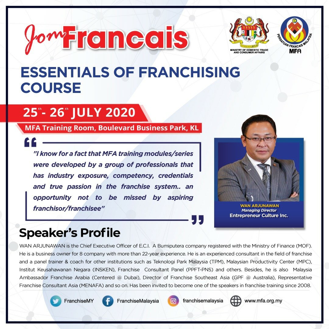 FranchiseMY's tweet photo. Ready for tomorrow?
Don't miss out the opportunity to gain the knowledge on franchising with our franchise experts.
#MFA
#FIM2020
#AFM2020
#franchisemalaysia
#franchisetraining https://t.co/eODZzYolF9