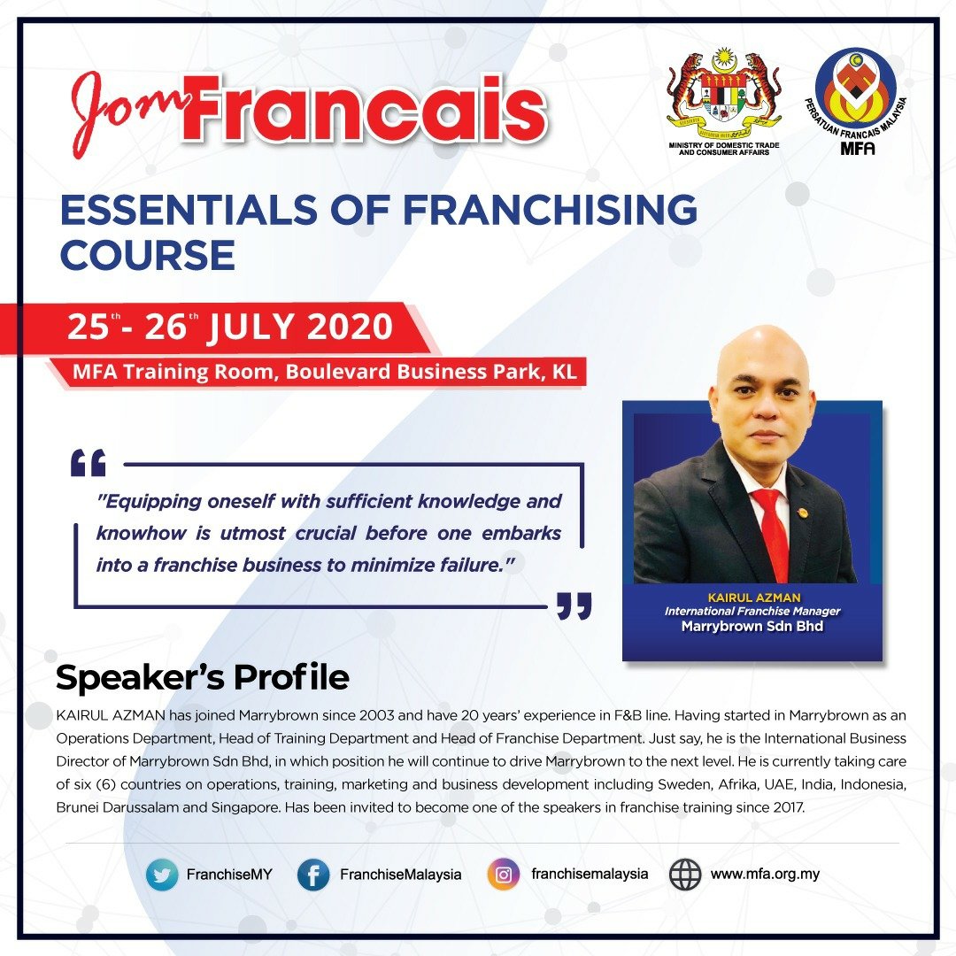 FranchiseMY's tweet photo. Ready for tomorrow?
Don't miss out the opportunity to gain the knowledge on franchising with our franchise experts.
#MFA
#FIM2020
#AFM2020
#franchisemalaysia
#franchisetraining https://t.co/eODZzYolF9
