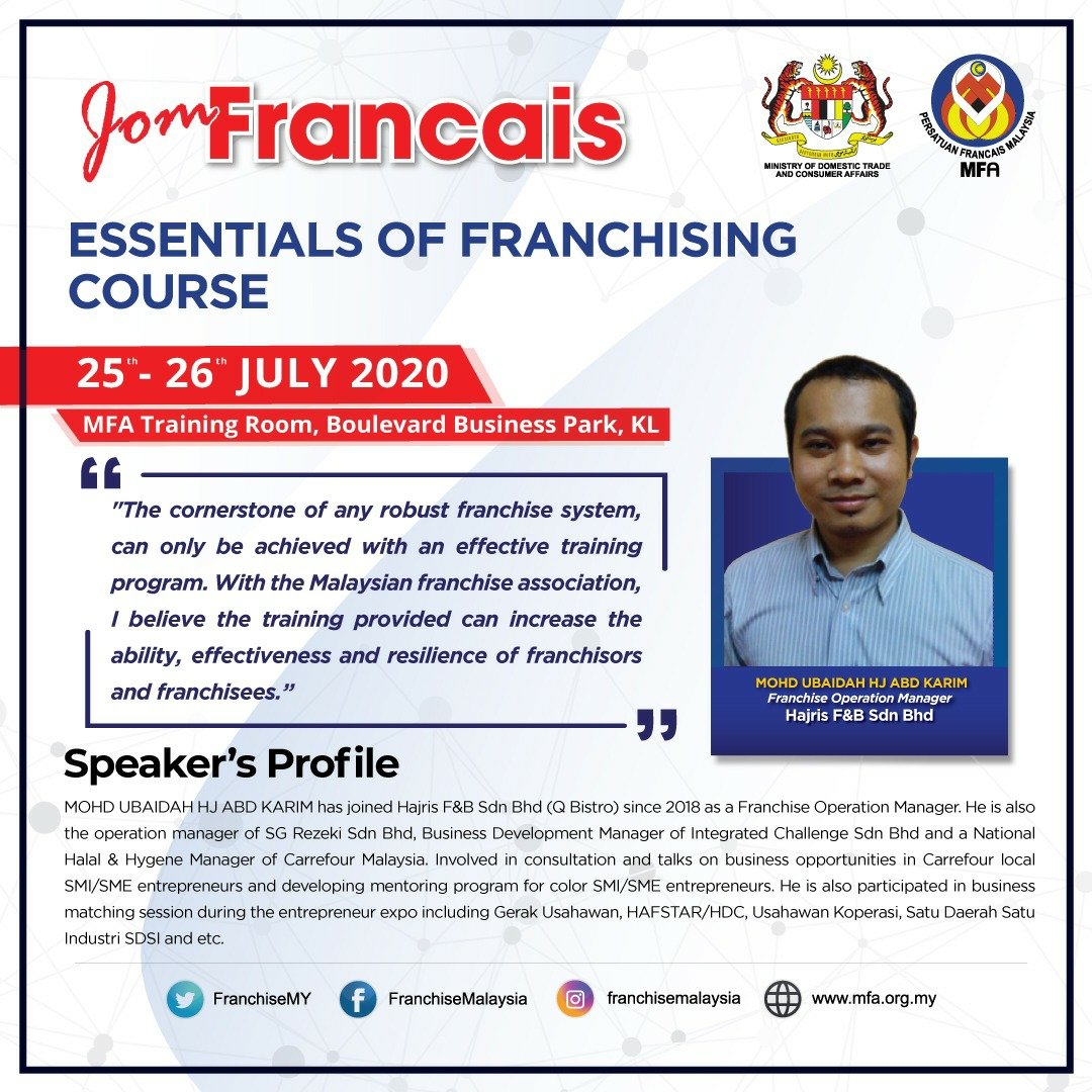 FranchiseMY's tweet photo. Ready for tomorrow?
Don't miss out the opportunity to gain the knowledge on franchising with our franchise experts.
#MFA
#FIM2020
#AFM2020
#franchisemalaysia
#franchisetraining https://t.co/eODZzYolF9