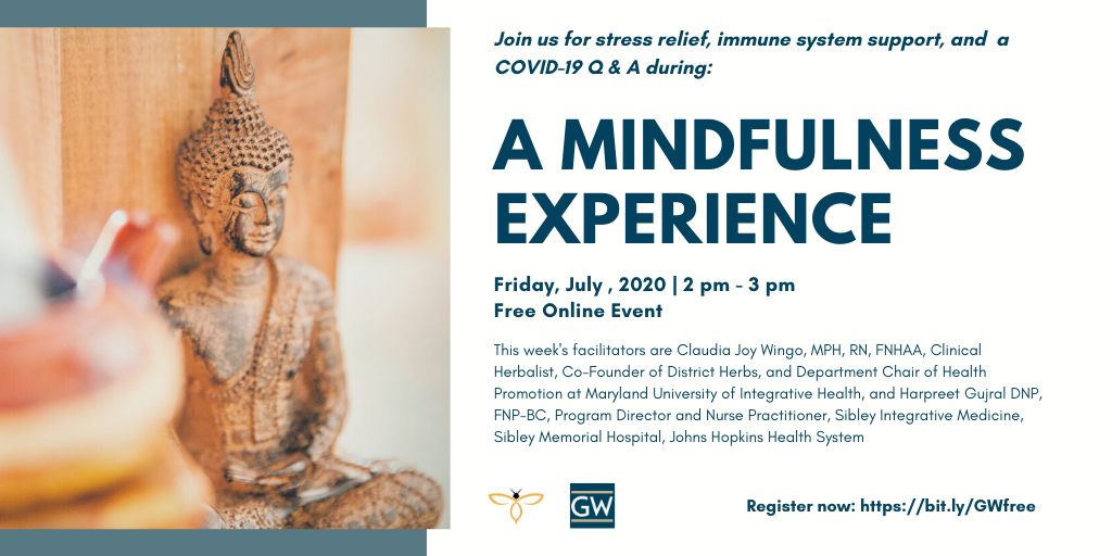 GWIntegrative's tweet photo. HAPPENING SOON: Feeling stressed, isolated, or anxious? join us for our #free weekly online #meditation practice and COIVD19 Q&A at 2 pm ET today, 7/24. We're here to help. https://t.co/8A9gtNO3lk #stressrelief #GWSMHS #GW_MFA #GwRodham https://t.co/OS7FTbFOTz