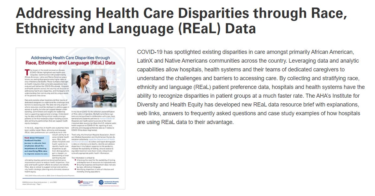 communityhlth's tweet photo. By focusing on race, ethnicity and language (REaL) data, hospitals and health systems can quickly recognize #healthinequities. @IFD_AHA developed REaL data resources and tools to help providers address disparities in the fight against COVID-19 and beyond. https://t.co/JkO3PlvjSW https://t.co/3vnIRxMM2Y